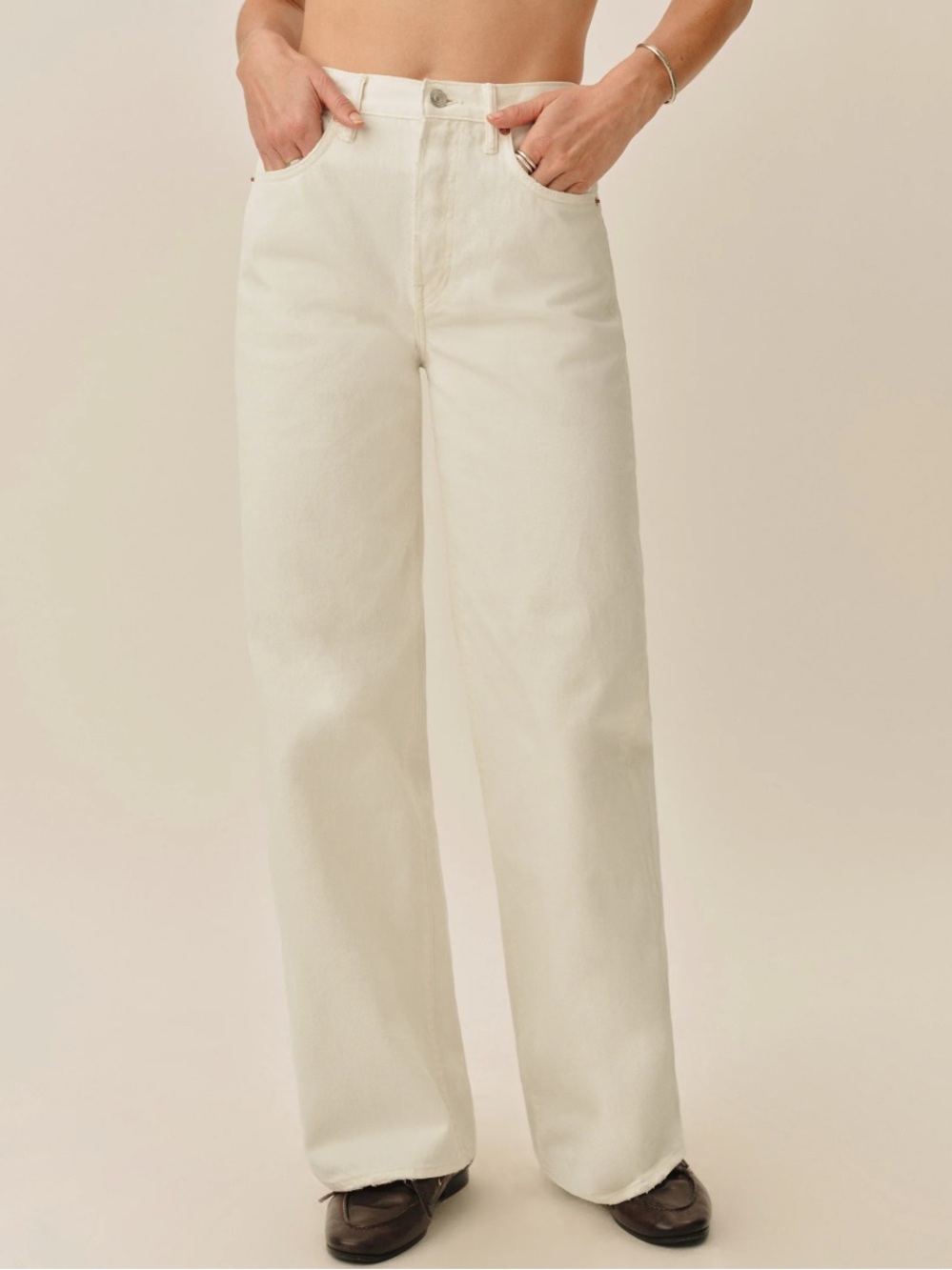 Buck Mason natural jet set jean wide leg relaxed fit white size 28 new
